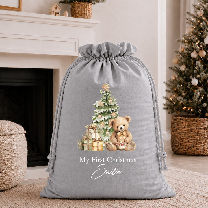 Personalised Beige Teddy My First Christmas Stocking or Santa Sack