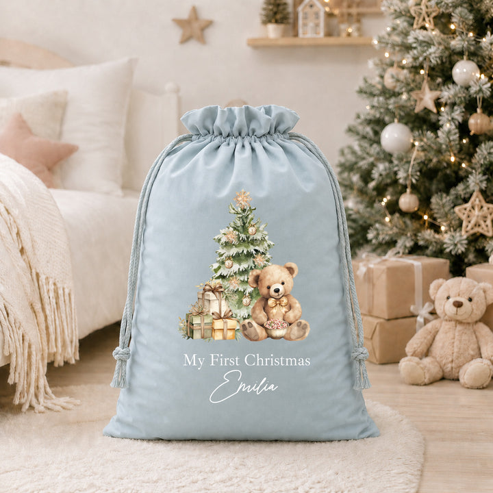 Personalised Beige Teddy My First Christmas Stocking or Santa Sack