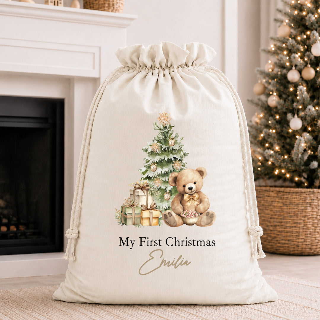 Personalised Beige Teddy My First Christmas Stocking or Santa Sack