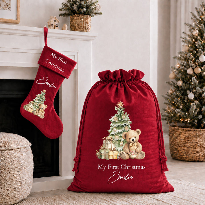 Personalised Beige Teddy My First Christmas Stocking or Santa Sack