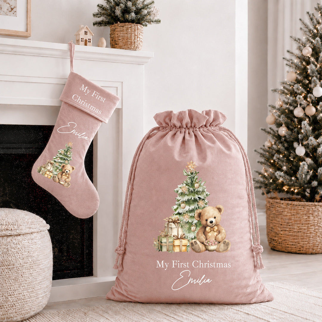 Personalised Beige Teddy My First Christmas Stocking or Santa Sack
