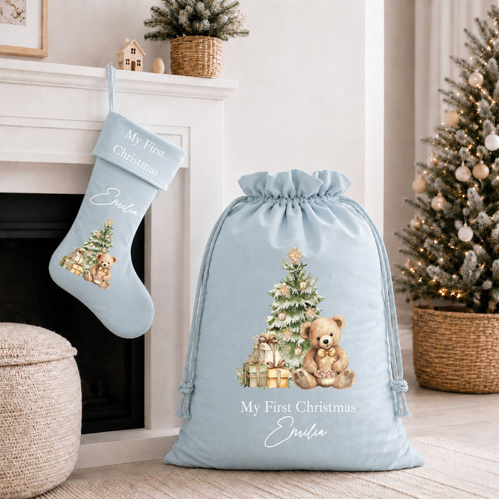 Personalised Beige Teddy My First Christmas Stocking or Santa Sack
