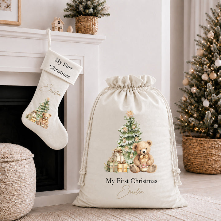 Personalised Beige Teddy My First Christmas Stocking or Santa Sack