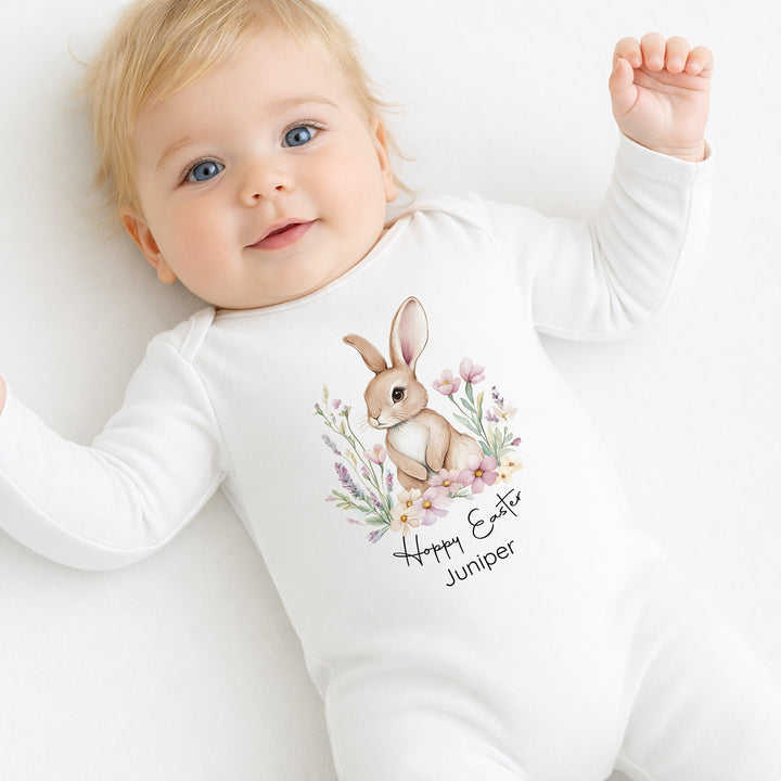 Personalised Brown Rabbit Wreath My First Easter Baby Grow, Vest or Bib