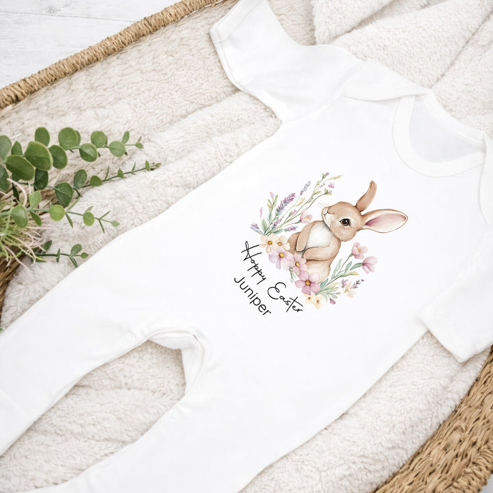 Personalised Brown Rabbit Wreath My First Easter Baby Grow, Vest or Bib