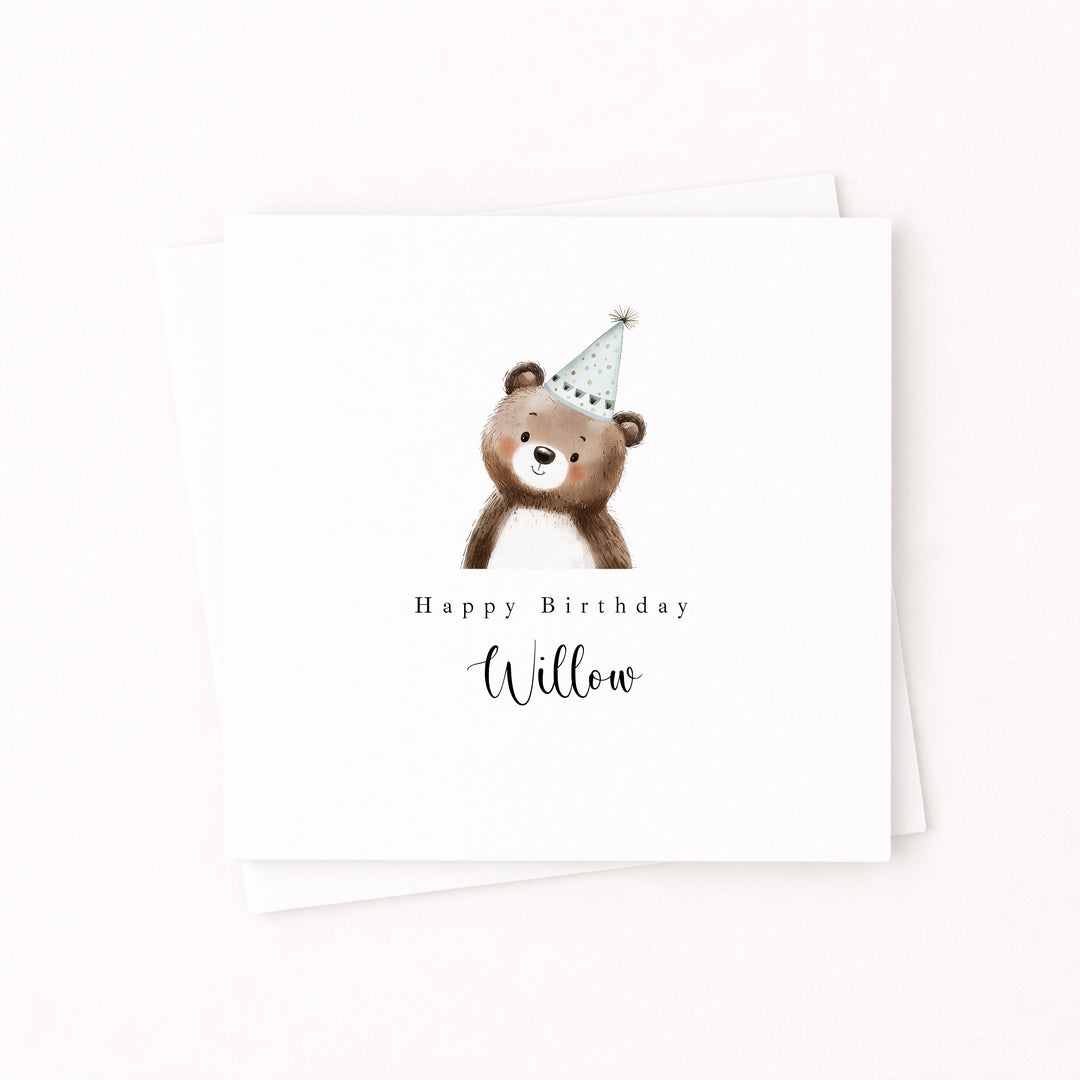 Personalised Blue Bear Party Hat Birthday Card