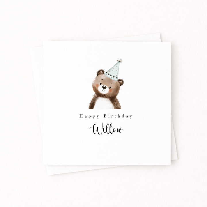 Personalised Blue Bear Party Hat Birthday Card