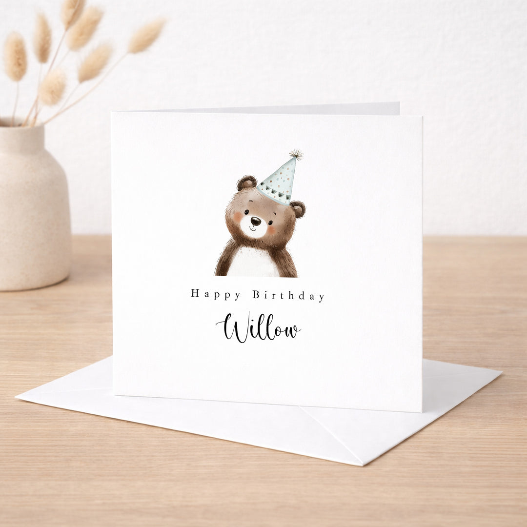 Personalised Blue Bear Party Hat Birthday Card