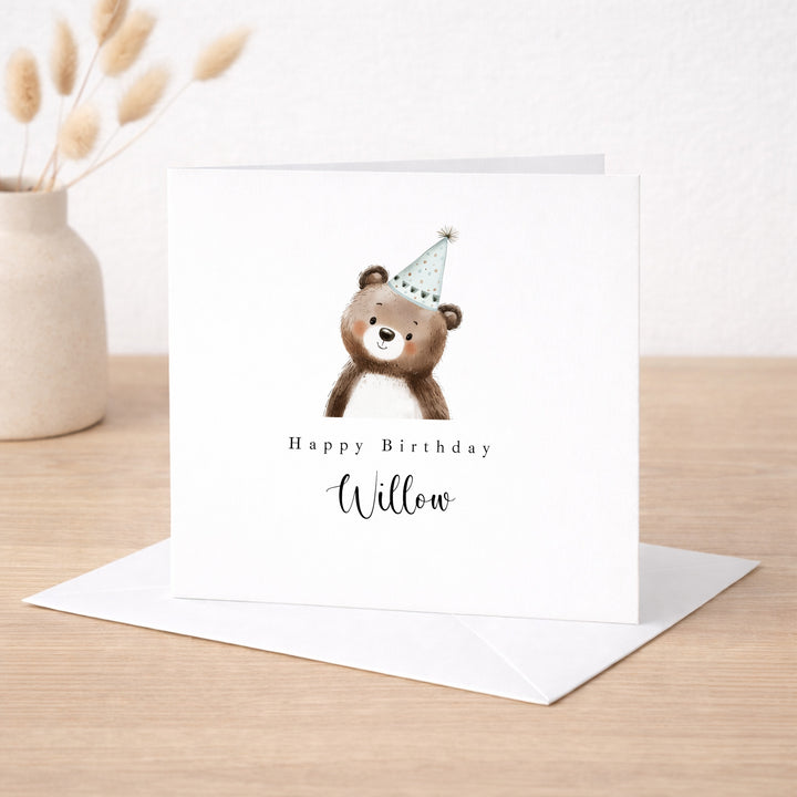 Personalised Blue Bear Party Hat Birthday Card
