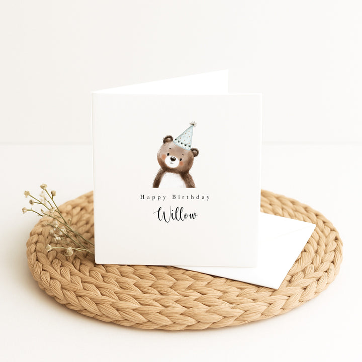 Personalised Blue Bear Party Hat Birthday Card