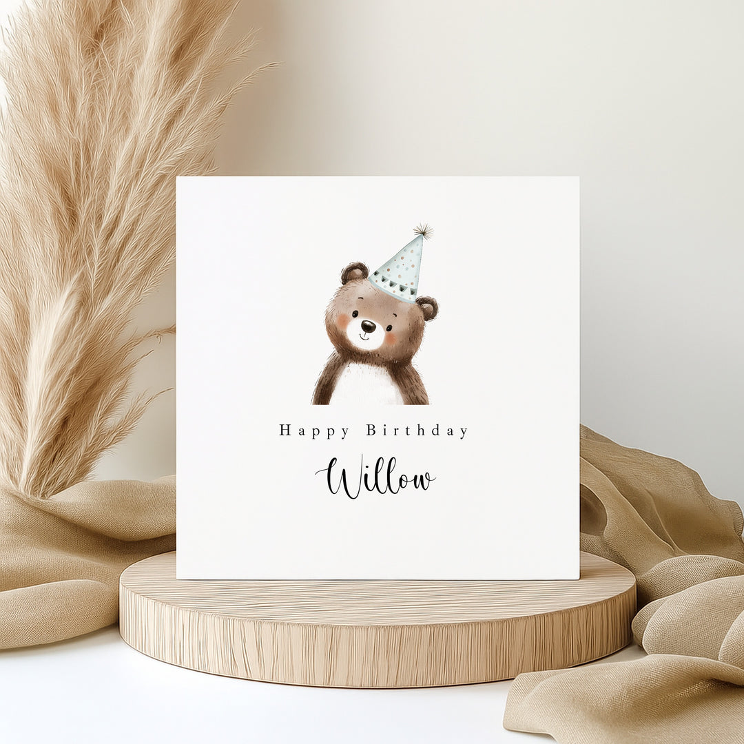 Personalised Blue Bear Party Hat Birthday Card