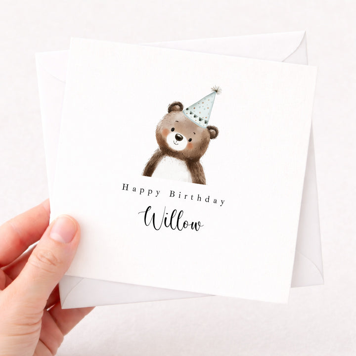 Personalised Blue Bear Party Hat Birthday Card