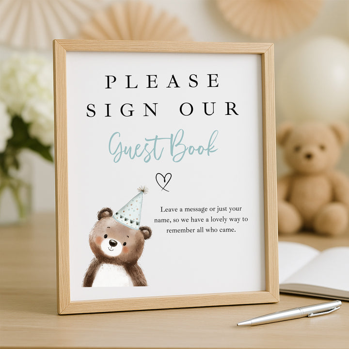 Personalised Blue Bear Party Hat First Birthday Guest Book