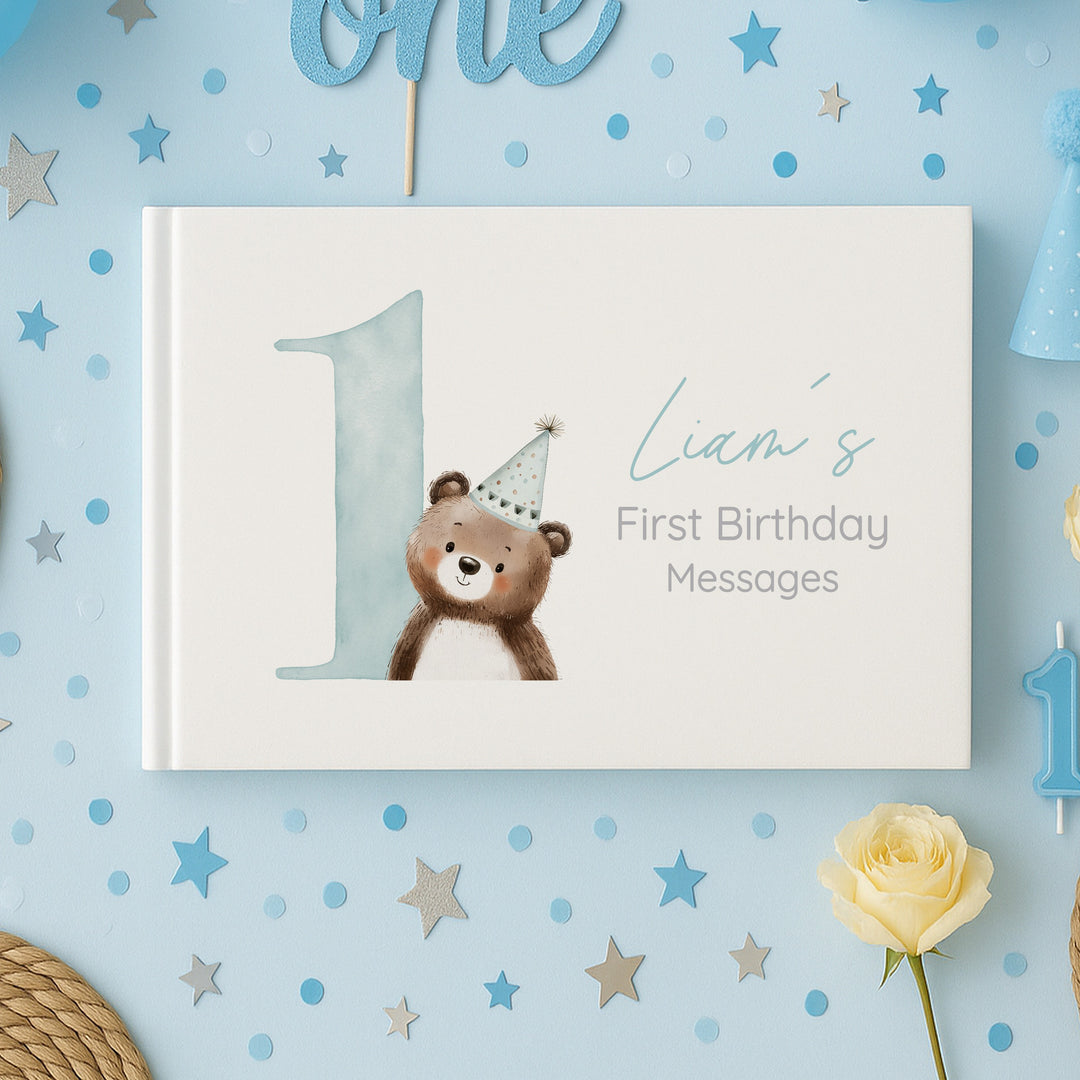 Personalised Blue Bear Party Hat First Birthday Guest Book