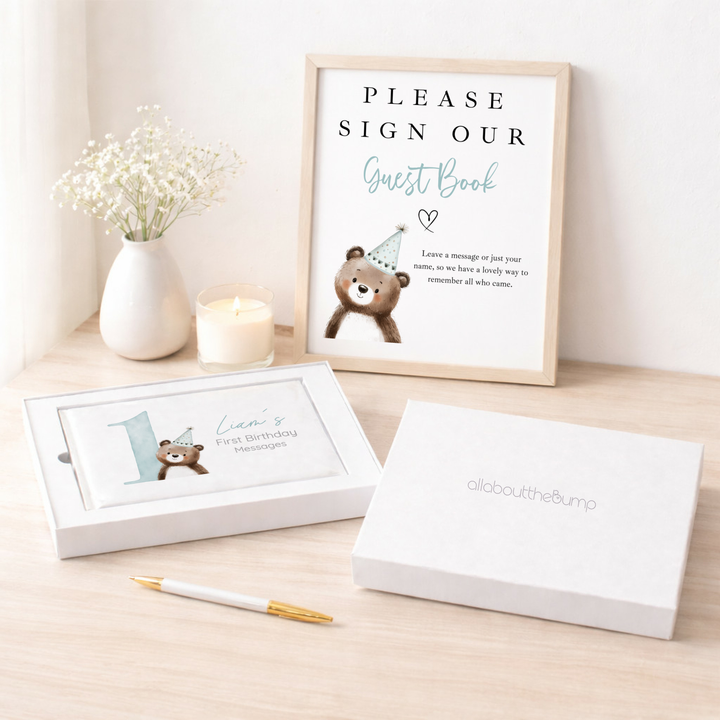 Personalised Blue Bear Party Hat First Birthday Guest Book