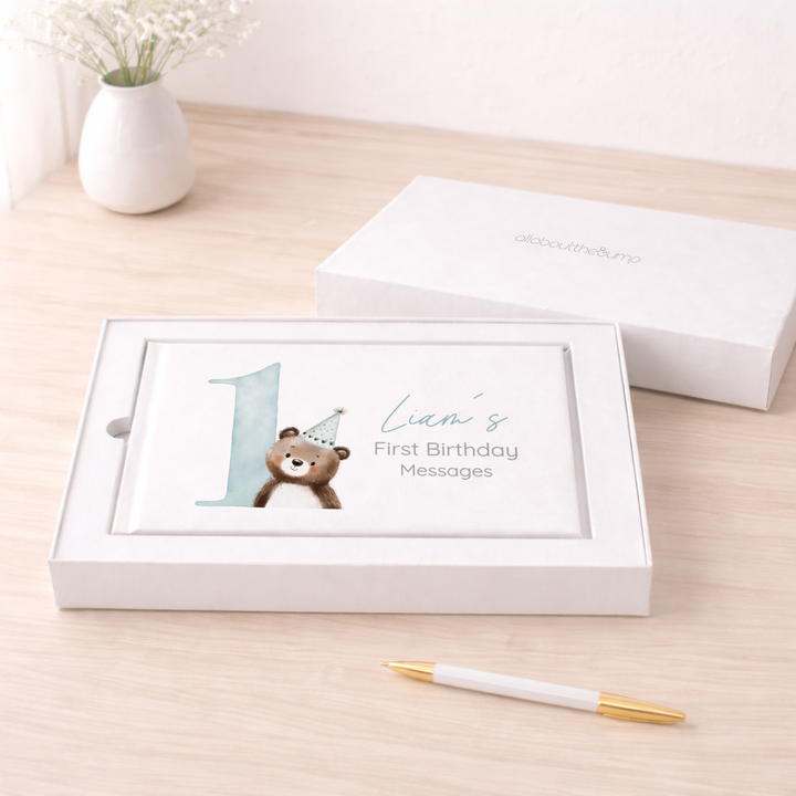 Personalised Blue Bear Party Hat First Birthday Guest Book