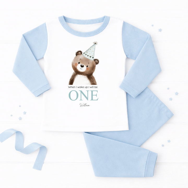 Personalised Bear Party Hat Blue First Birthday Pyjamas