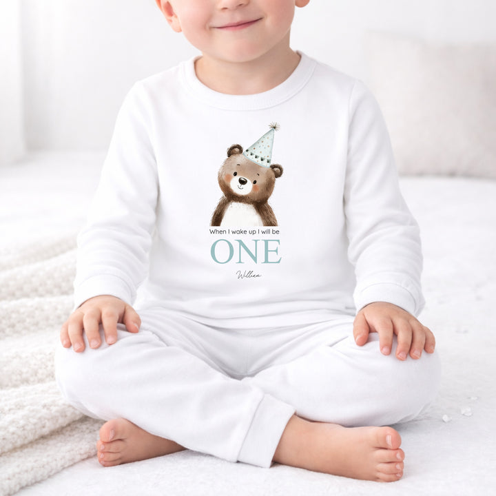 Personalised Bear Party Hat Blue First Birthday Pyjamas