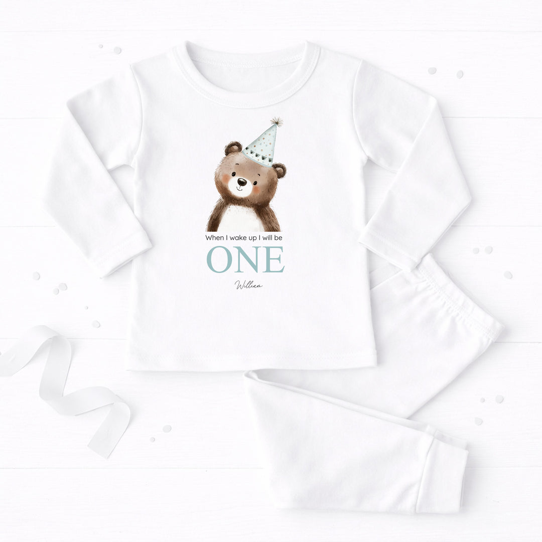 Personalised Bear Party Hat Blue First Birthday Pyjamas