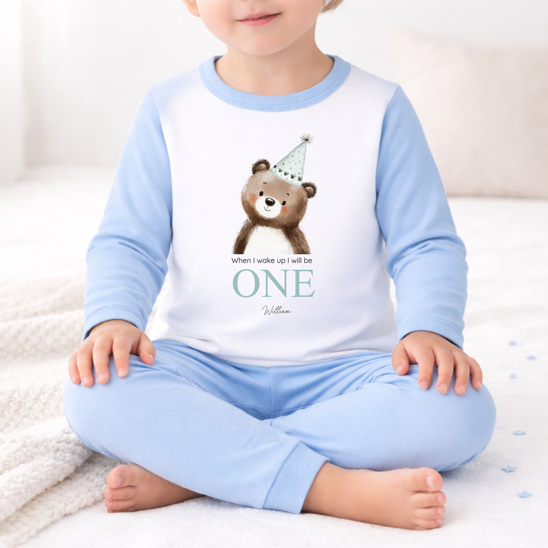Personalised Bear Party Hat Blue First Birthday Pyjamas