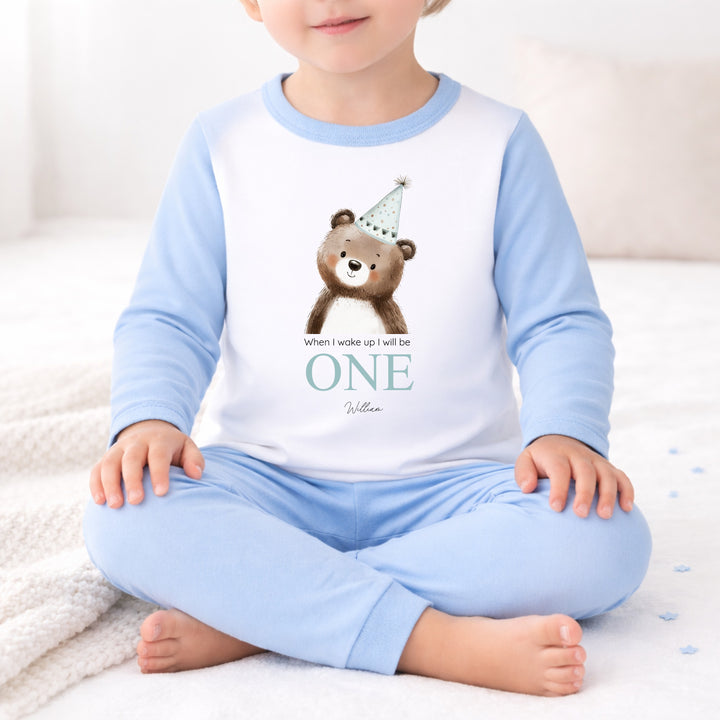 Personalised Bear Party Hat Blue First Birthday Pyjamas