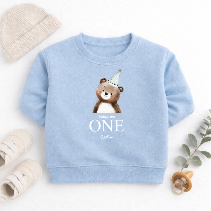 Personalised Bear Party Hat Today I Am One First Birthday Jumper