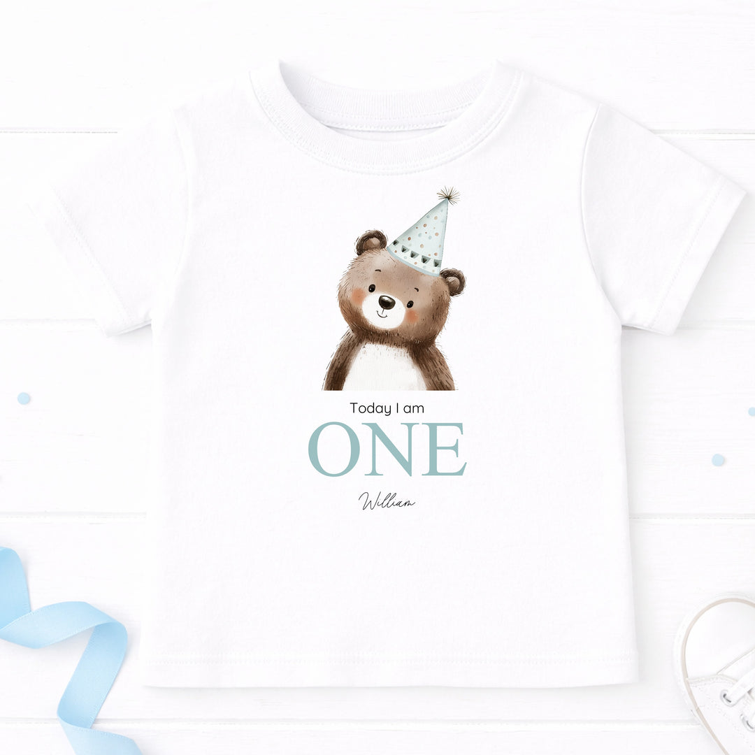 Personalised Bear Blue Party Hat First Birthday T-Shirt