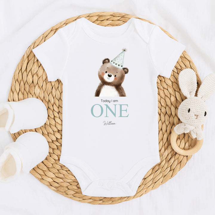 Personalised Bear Blue Party Hat First Birthday Vest
