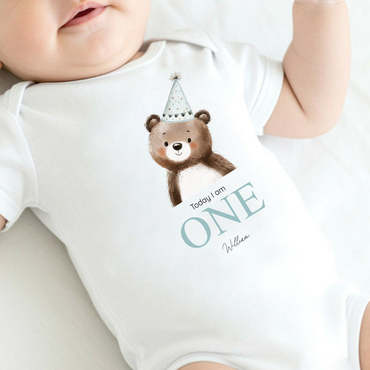 Personalised Bear Blue Party Hat First Birthday Vest