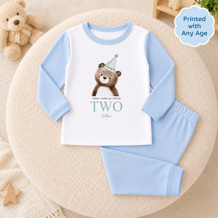 Personalised Bear Party Hat Blue Any Age Birthday Pyjamas