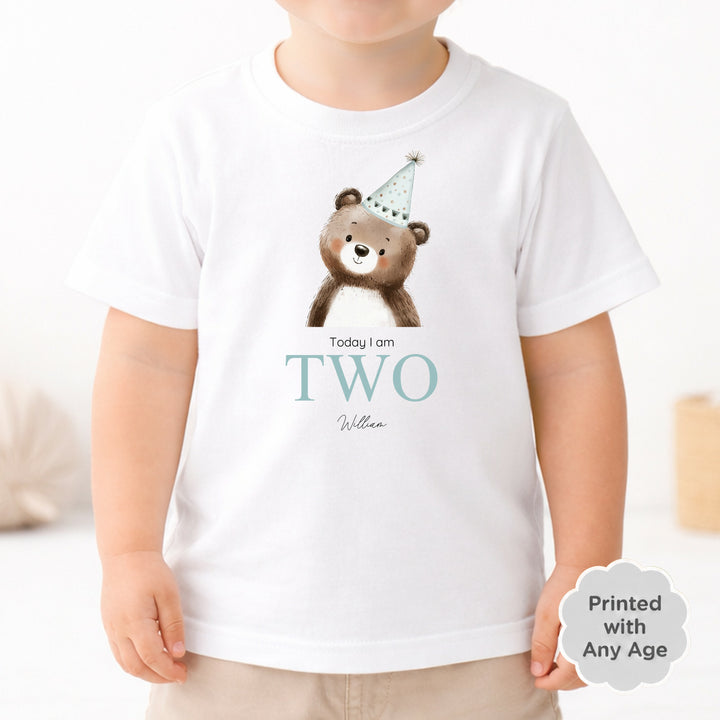 Personalised Bear Blue Party Hat Any Age Birthday T-Shirt