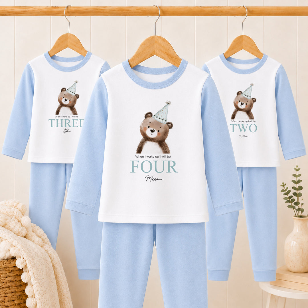 Personalised Bear Party Hat Blue Any Age Birthday Pyjamas