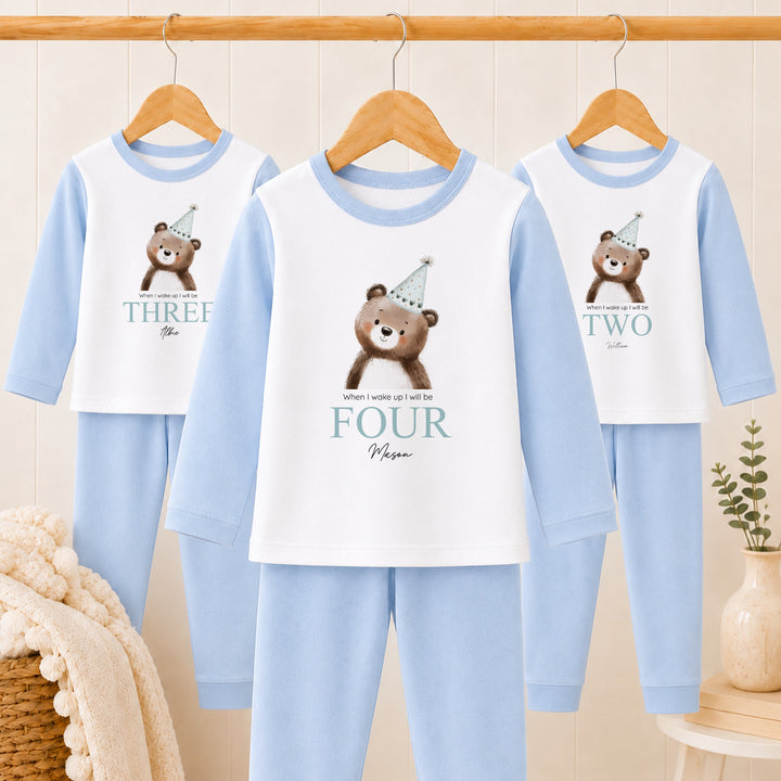Personalised Bear Party Hat Blue Any Age Birthday Pyjamas