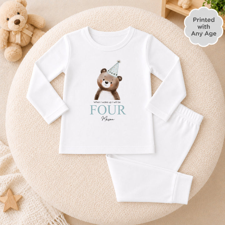 Personalised Bear Party Hat Blue Any Age Birthday Pyjamas