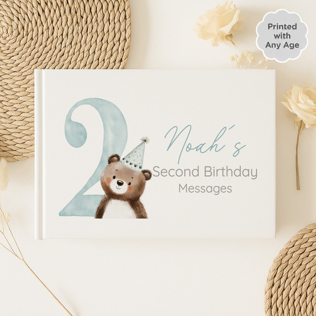 Personalised Blue Bear Party Hat Any Age Birthday Guest Book