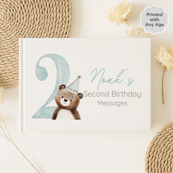 Personalised Blue Bear Party Hat Any Age Birthday Guest Book
