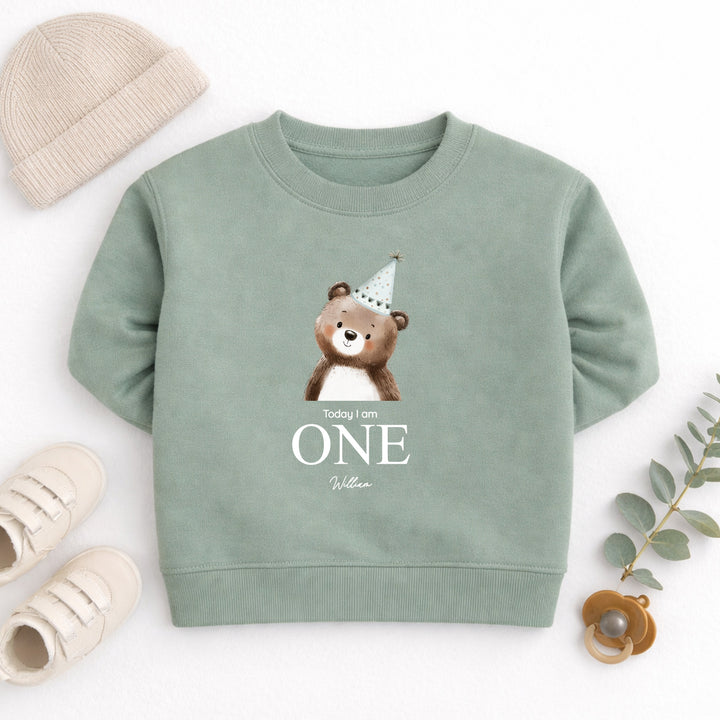 Personalised Bear Party Hat Today I Am One First Birthday Jumper