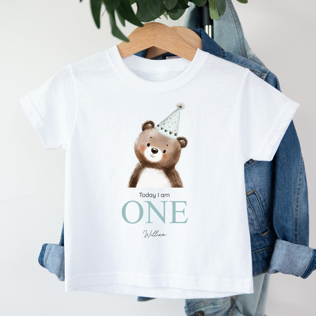 Personalised Bear Blue Party Hat First Birthday T-Shirt