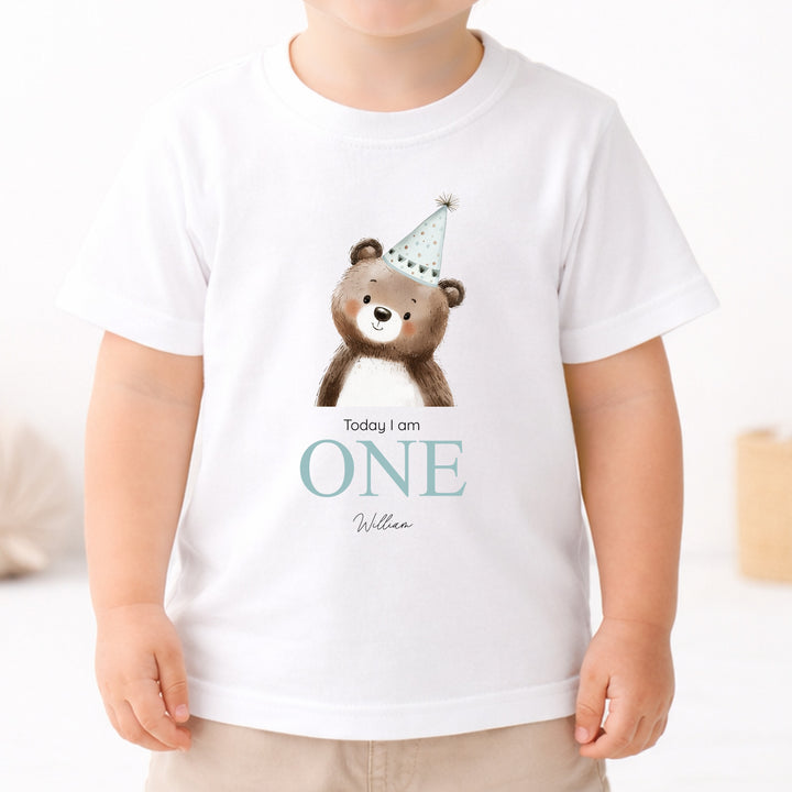 Personalised Bear Blue Party Hat First Birthday T-Shirt