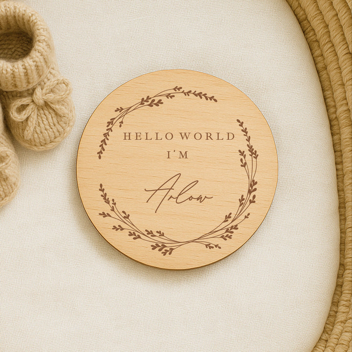 Personalised Hello World Wreath Wooden Announcement Plaque