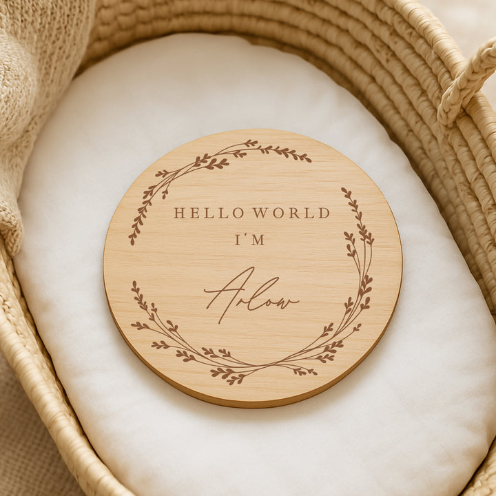 Personalised Hello World Wreath Wooden Announcement Plaque