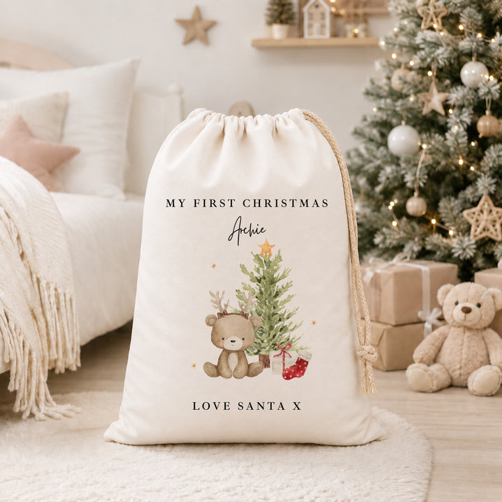 Personalised Bear Reindeer Tree My First Christmas Canvas Santa Sack