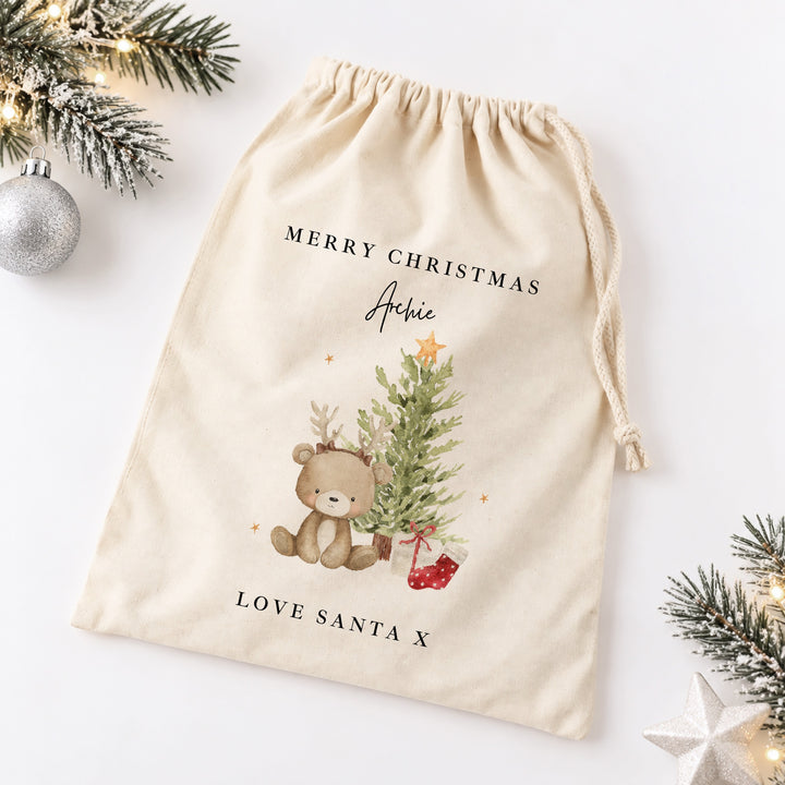 Personalised Bear Reindeer Tree My First Christmas Canvas Santa Sack