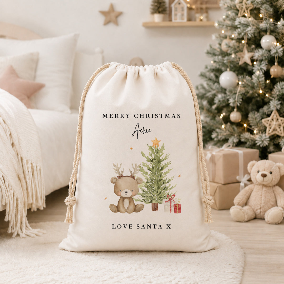 Personalised Bear Reindeer Tree My First Christmas Canvas Santa Sack