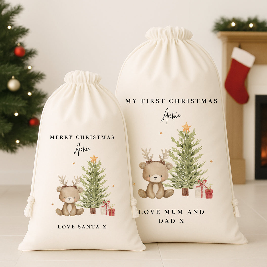 Personalised Bear Reindeer Tree My First Christmas Canvas Santa Sack