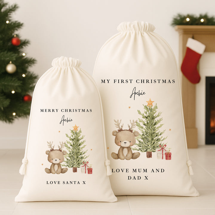 Personalised Bear Reindeer Tree My First Christmas Canvas Santa Sack
