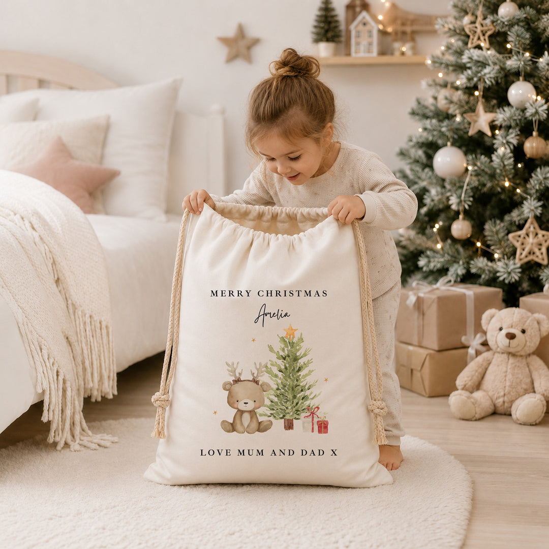 Personalised Bear Reindeer Tree My First Christmas Canvas Santa Sack