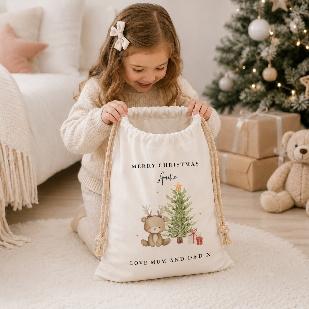 Personalised Bear Reindeer Tree My First Christmas Canvas Santa Sack