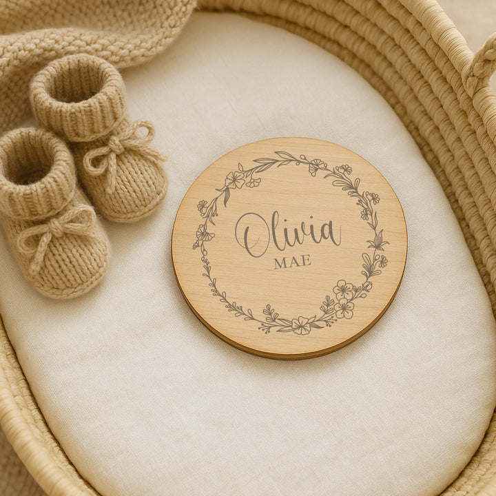 Personalised Floral Wreath Wooden Announcement Plaque