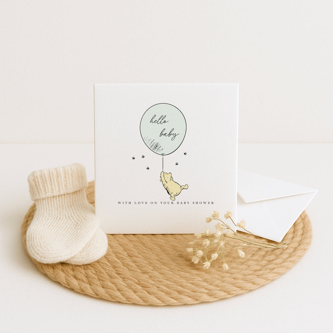 Pooh Bear Green Balloon Baby Shower Card